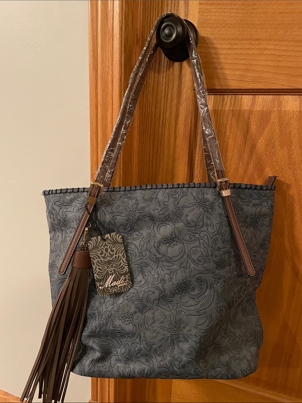 Madi Studio Denim-Blue Floral Tote with Brown Tassel Accent + Small Purse